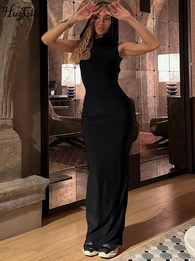 Hugcitar Solid Hoodies Sleeveless Slit Sexy Slim Maxi Dress Summer Women Fashion Y2K Clothes Streetwear Party Casual Biker 250219