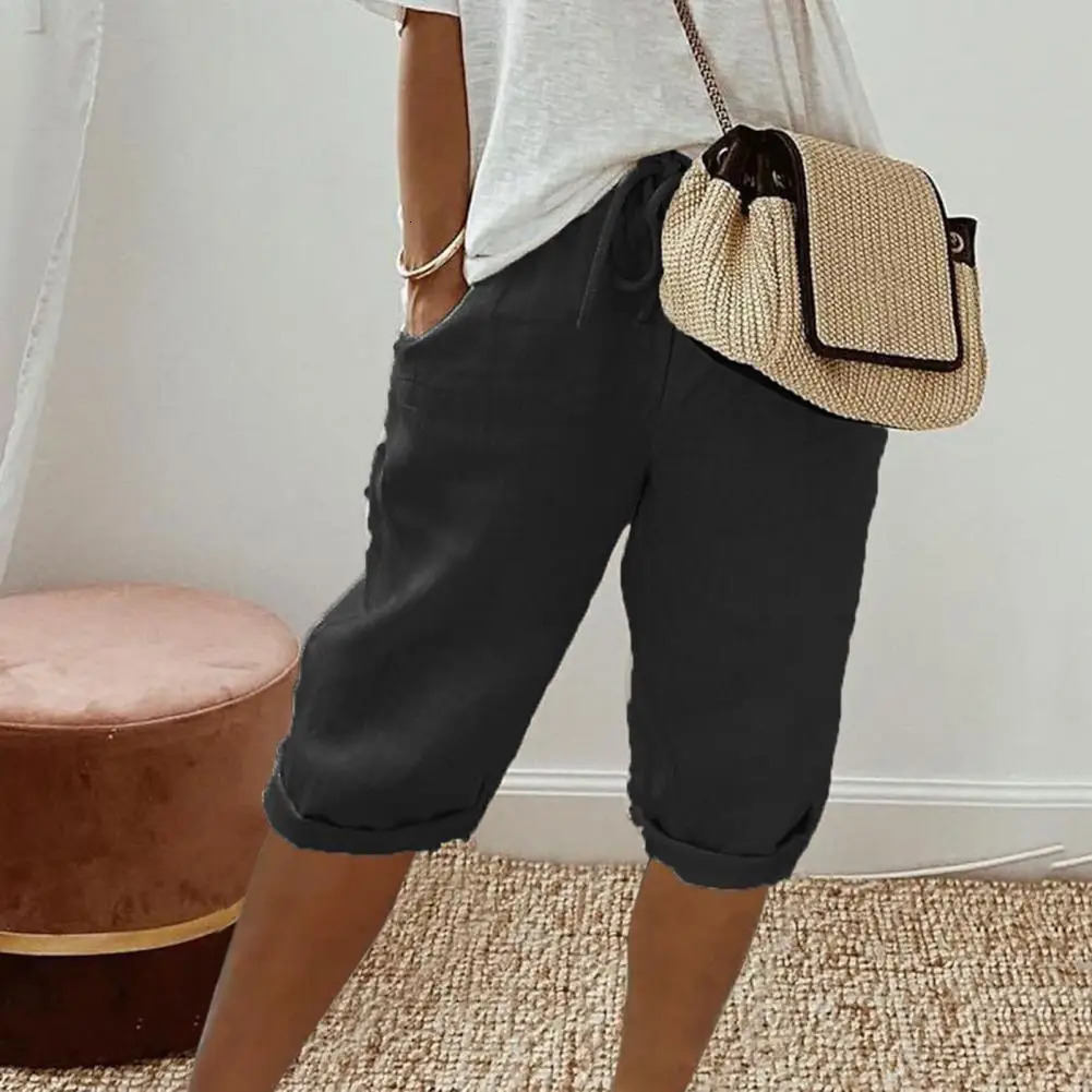 Womens Shorts Vintage Style Loose Drawstring Kneelength Pants for Ladies Breathable Elastic Waist with Pockets A Wardrobe 250214