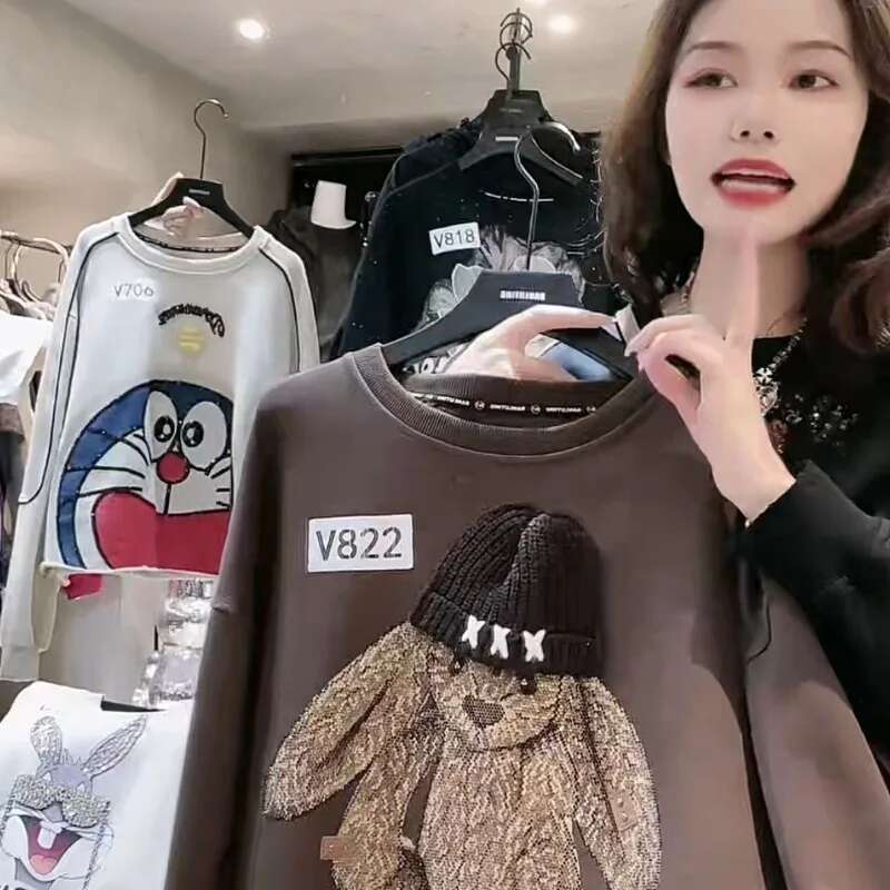 Clothes for Women Trendy Vintage Printed Chic All Match Sweatshirt Y2K Casual O Neck Long Sleeve Pullover Tops Streetwear Hoodie
