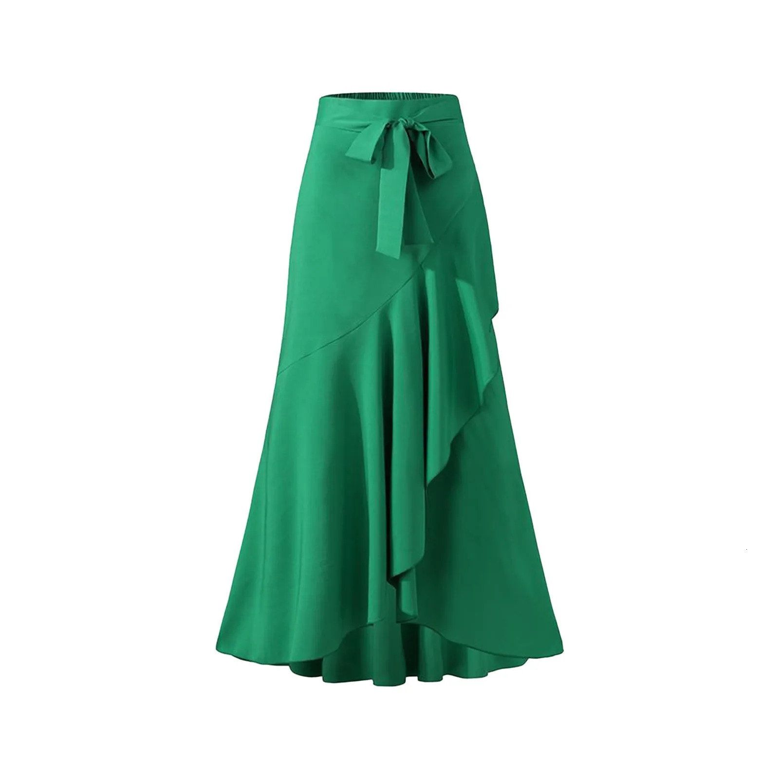 Womens Irregular Ruffle Hem Wrapped Hip Fishtail Skirt Solid Color High Waist Lace Up Elegant Lady Office Work Swing Party 250220