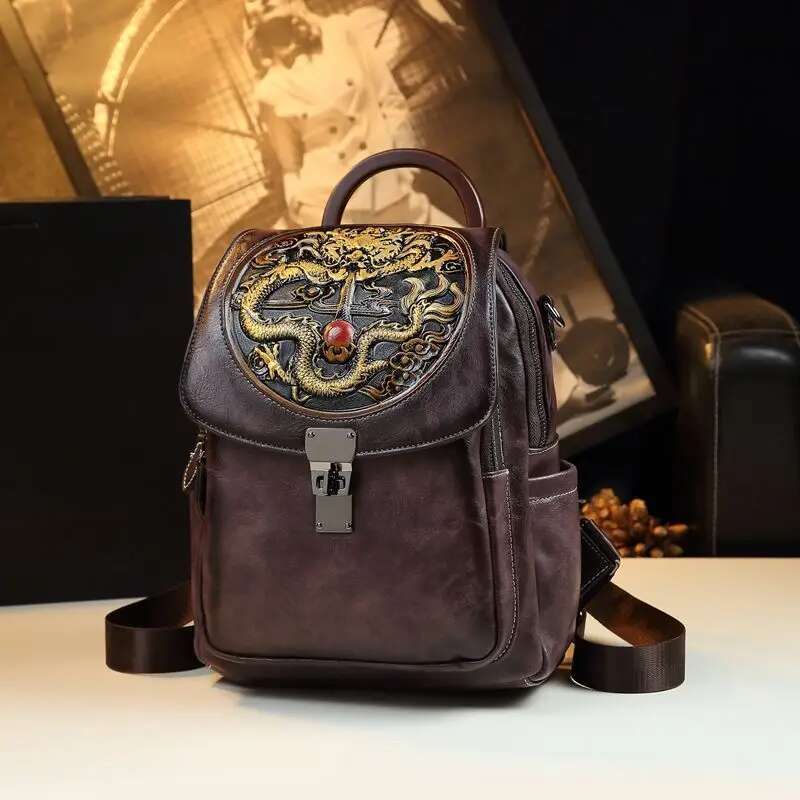 Retro National Style Leather Backpack Female Dragon Year Emment Large Capacity Single Shoulder Multi-Functional Travel Bag