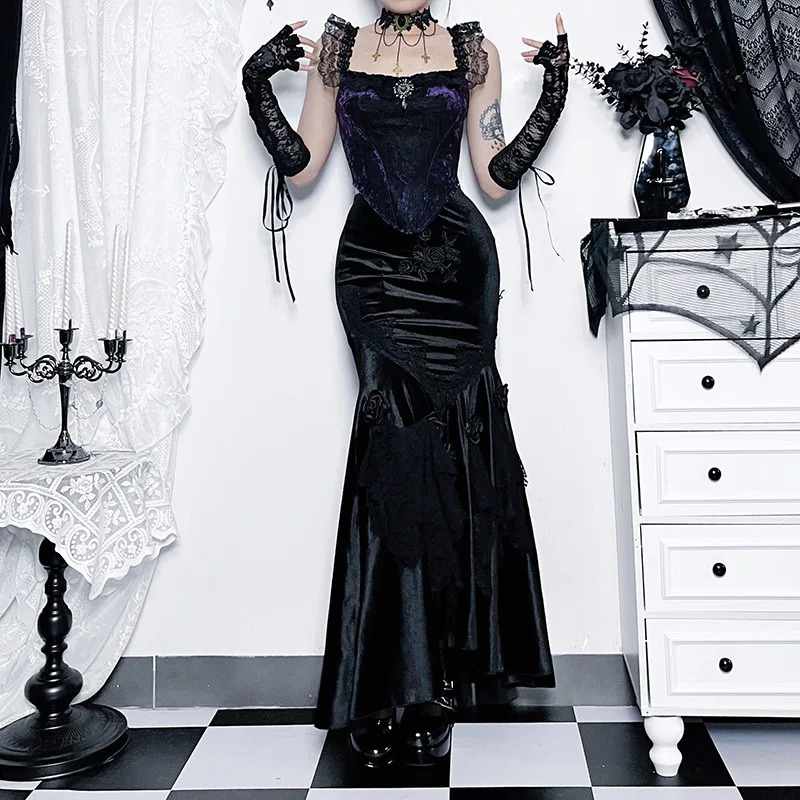 Mall Goth Velvet Fishtail Skirt Women Vintage Jacquard Hip Wrap Fairy Grunge Victorian Ladies Steampunk Long 250220