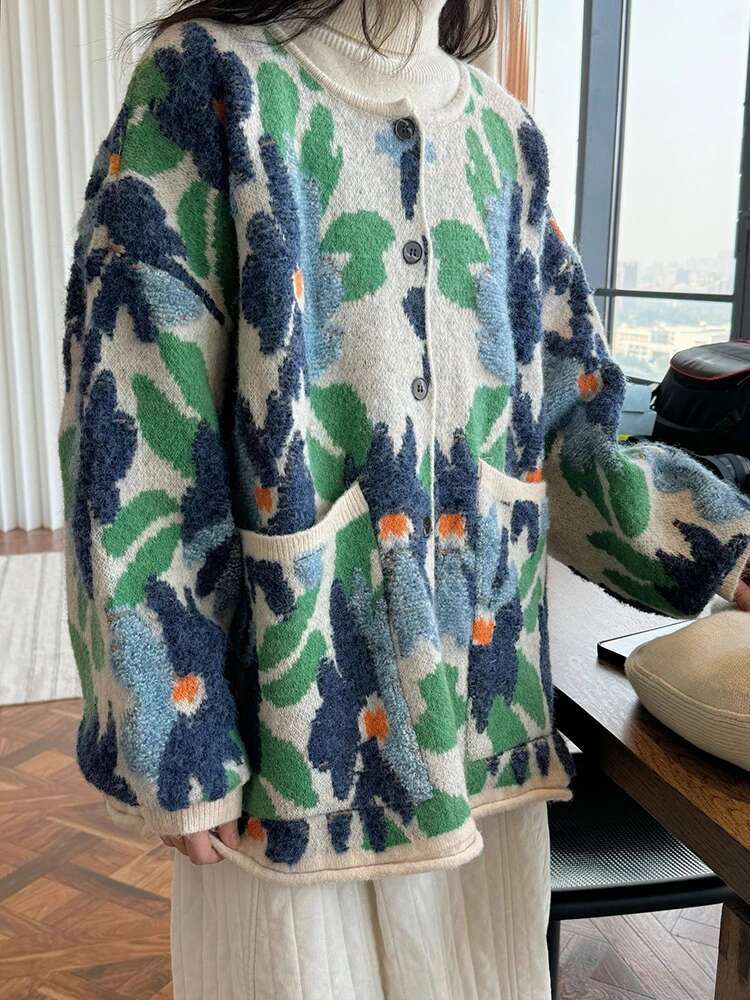 Elegant Wer Print Wool Knit Coat For Women Round Neck Single Breasted Warm Cardigan Sweater Winter New 26C1240