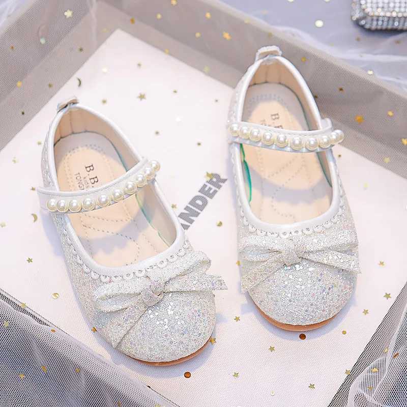 Girl Pearl Princess Shoes 2023 Spring New Childrens Fashion Rhinestone Childrens Leather Shoes Crystal Shoes Apartment Shiny and Unique X250220