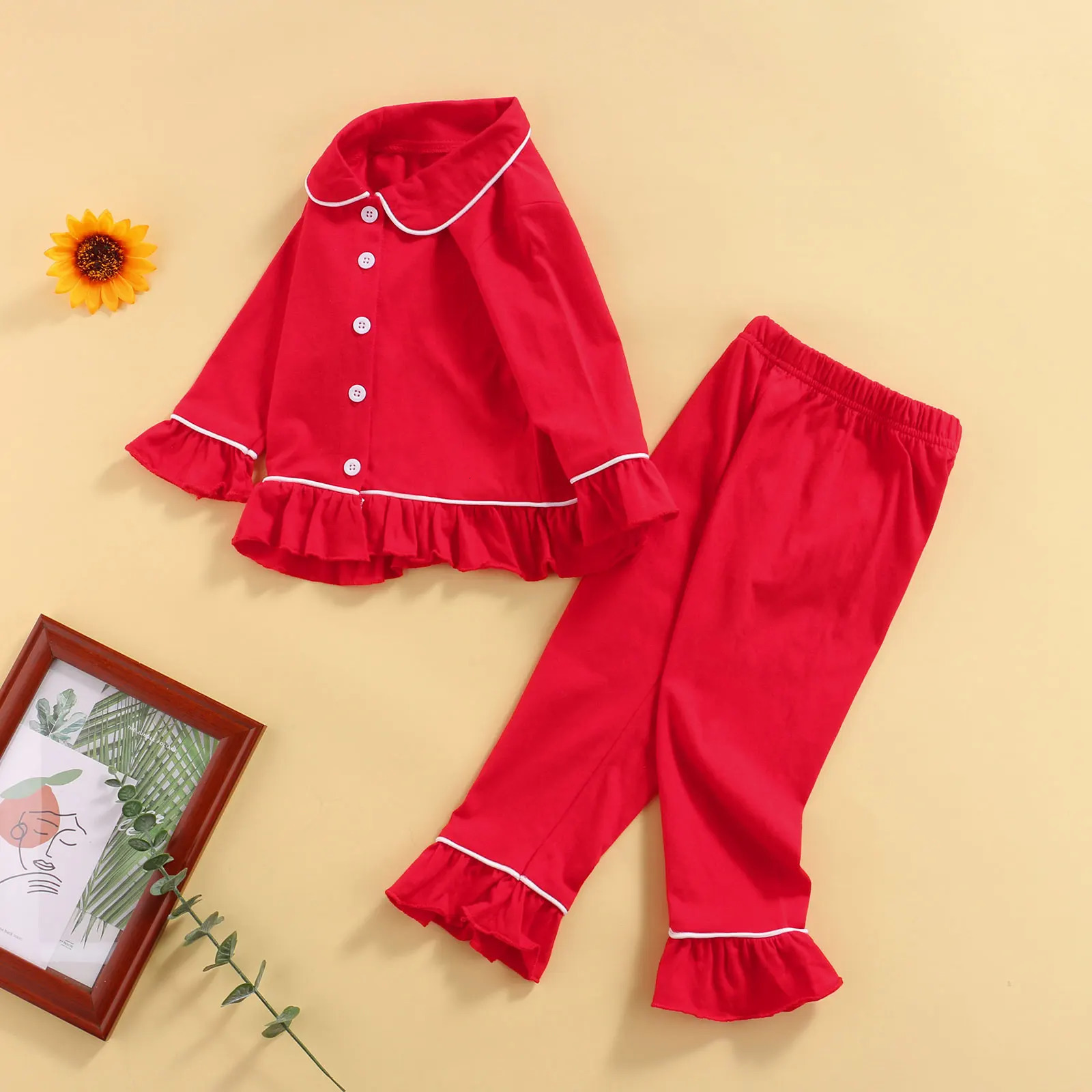 Toddler Girl Sleepwear Cute Pink Floral Print Long Sleeve Pajama Set with Ruffle Hem and Elastic Waistband 2pcs 250220
