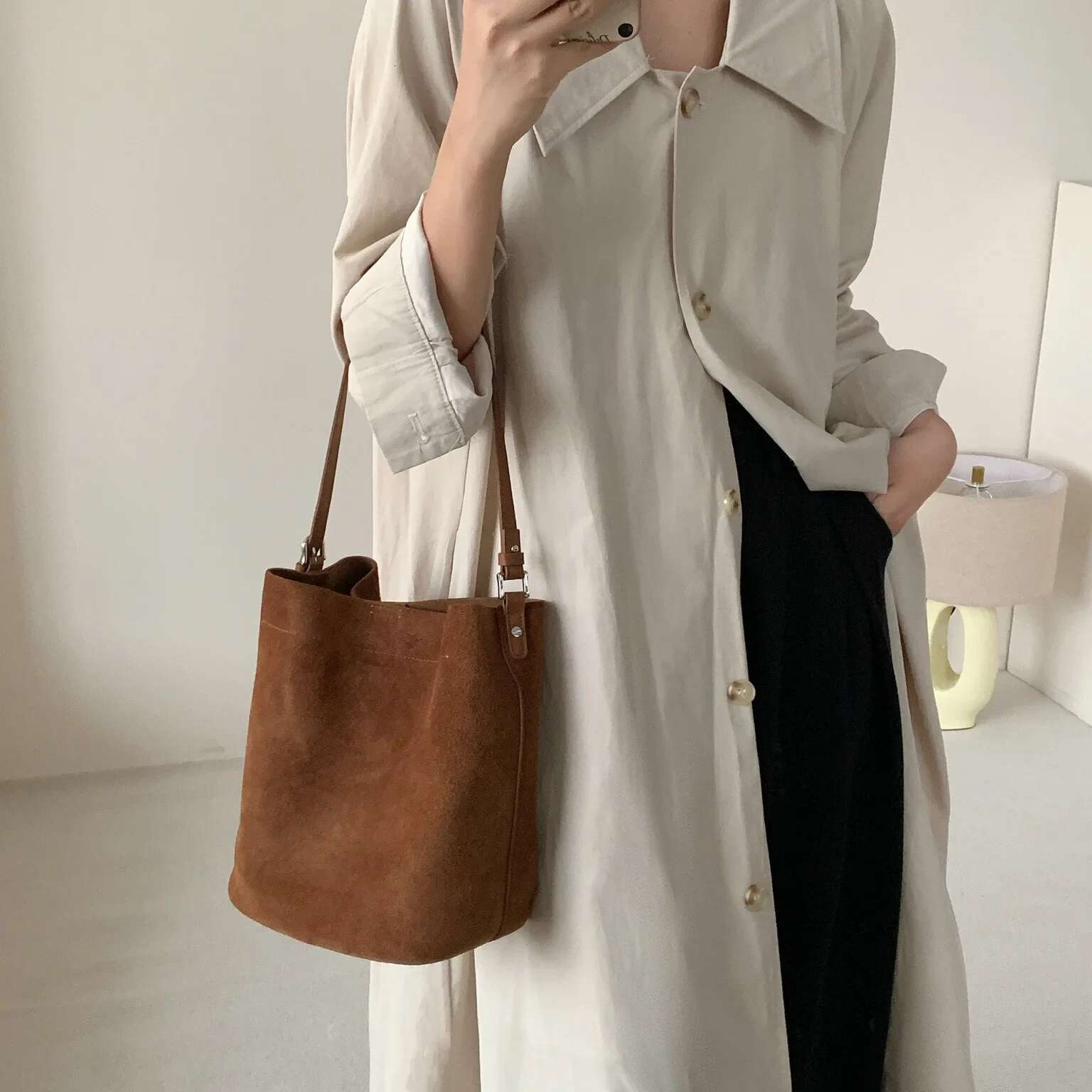 Newest Suede Leather Women Retro Bucket Bags High Quality Female Commute Tote Soft Cowhide Simple Shoulder Crossbody Bag