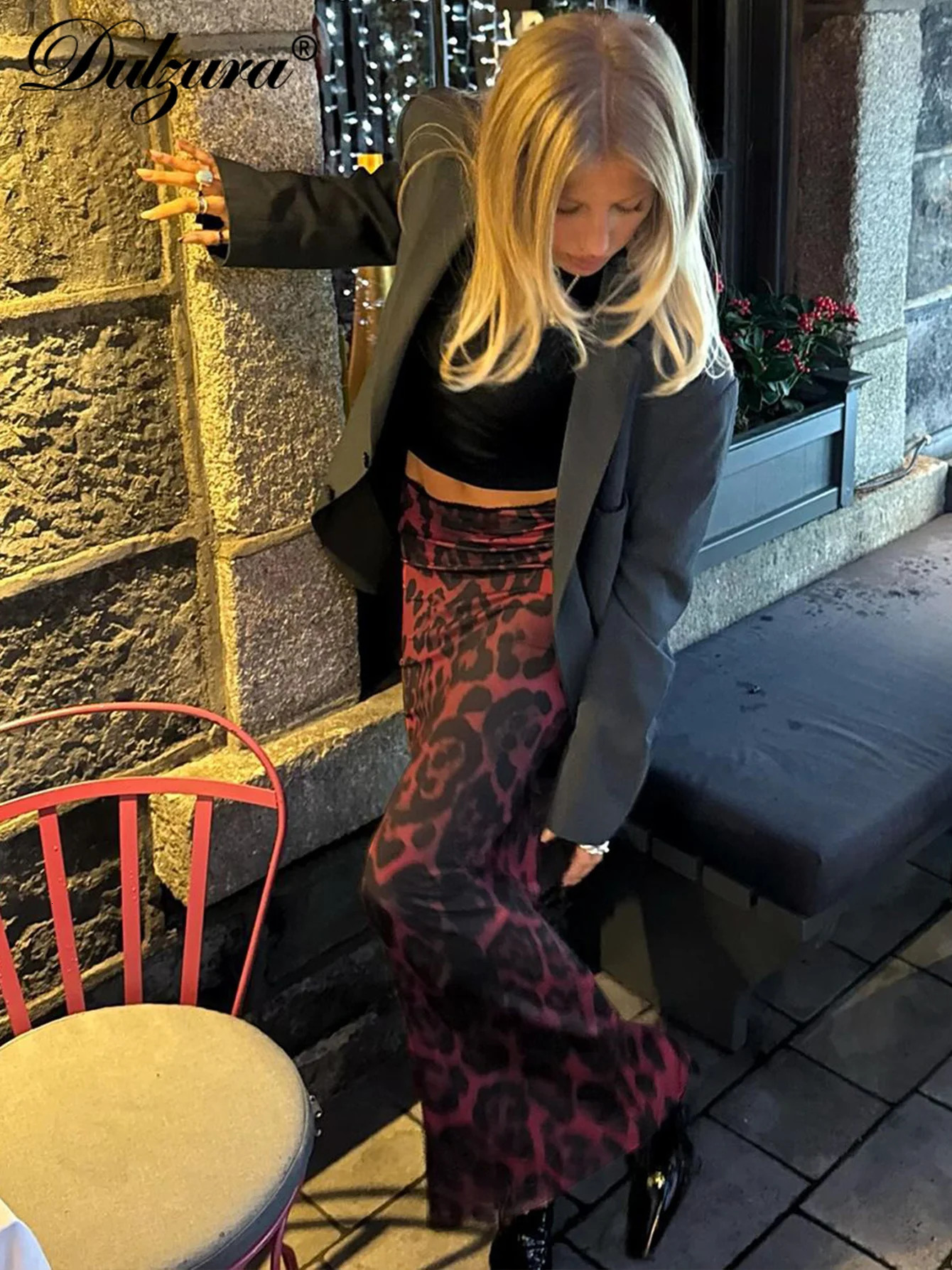 Dulzura Womens Leopard Slim Maxi Skirt Sexy Vintage Bodycon Party Club Streetwear Autumn Winter Clothes 250220