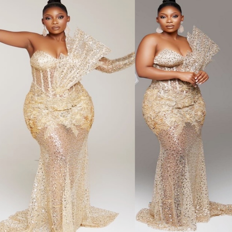 Gold Mermaid Prom Dresses 2025 Lace Sequined Stylish See Through Evening Formal Party Second Birthday Engagement Gowns Plus Size Dress For Special Occ