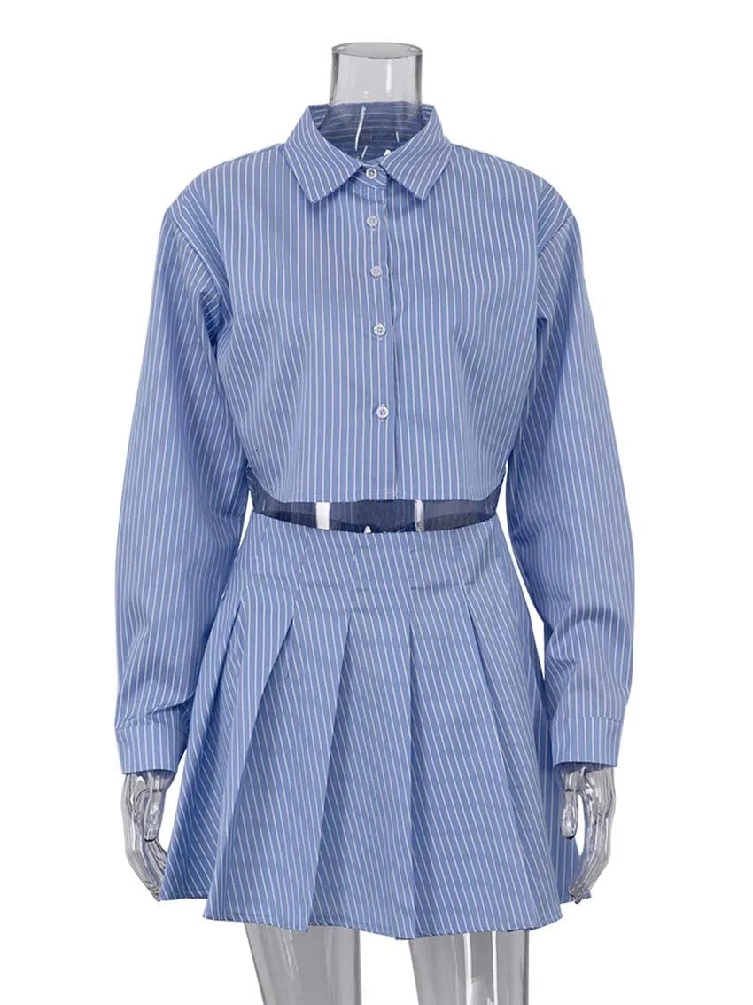 Elegant Blue Striped Print Skirt Suits For Women Fashion Long Sleeve Button Crop Tops And High Waist Pleated Skirts 2 Pieces Set 250220