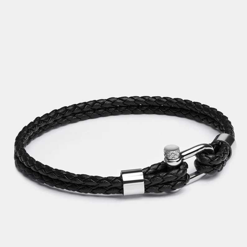 Charm Bracelets Fashion stainless steel mini U-shaped horseshoe buckle bracelet new mens black leather bracelet H25220