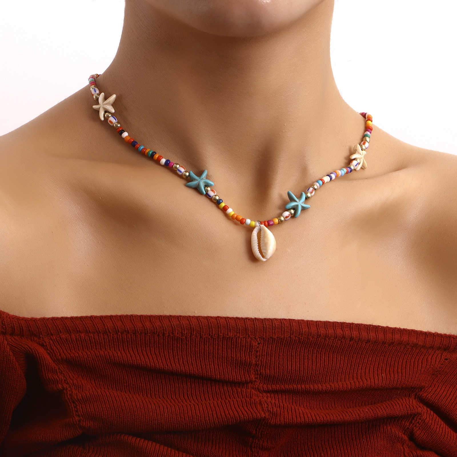 Pendant Necklaces Accessories Bohemian color rice beads starfish Shell Pendant Necklace womens ocean style womens Necklace H25219