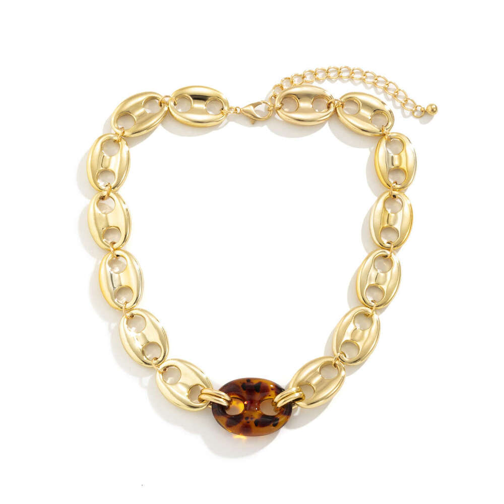 Jewelry: Hip Hop Street Photo Leopard Pattern Spliced Collar with Minimalist Pig Nose Buckle Acrylic Necklace