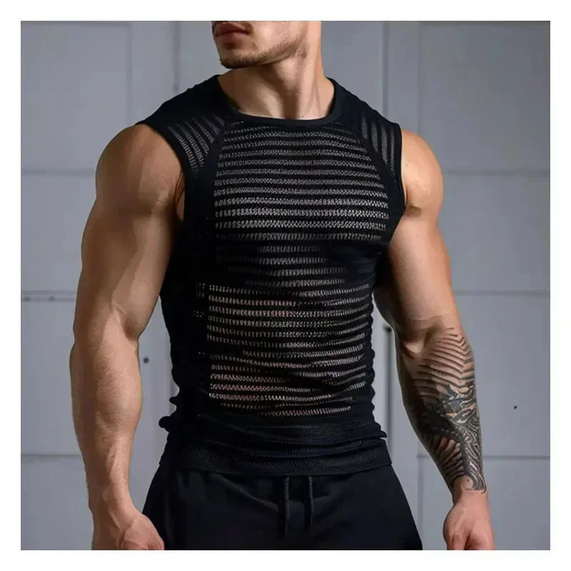 Mens Sheer Mesh Fitness Sleeveless Vest Outdoor Sports Black Cutout Vest Top Mens Summer Mesh Vest Mens Clothing Men Tank Top 250219