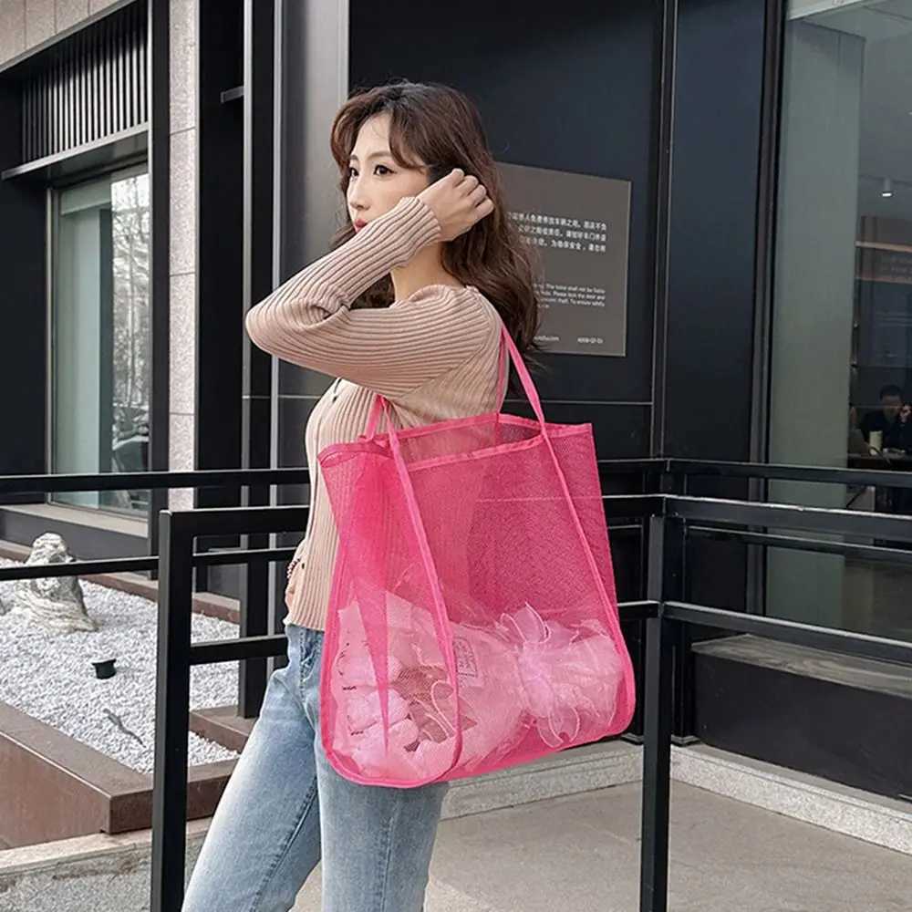 Casual Large Capacity Beach Bag Solid Color New Style Transparent Mesh Bag Sports Shoulder Pouch Tote Handbag Travel Z250219