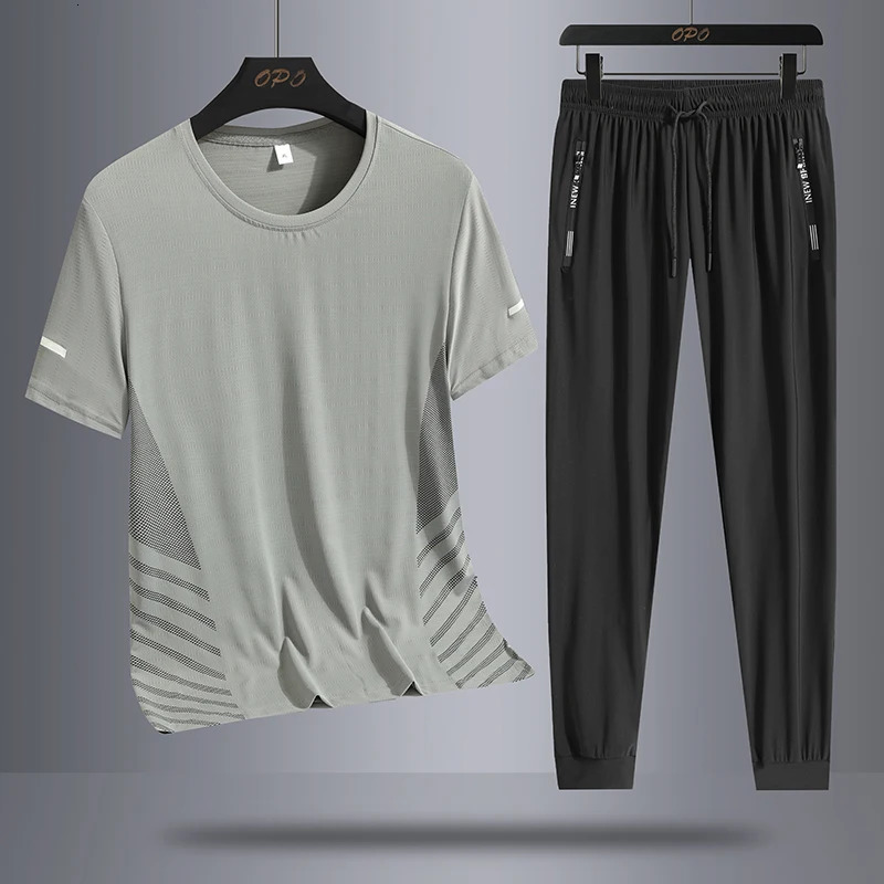 Summer round neck ice silk short sleeved Tshirt and sports pants set quick drying sweat absorption running twopiece 250220