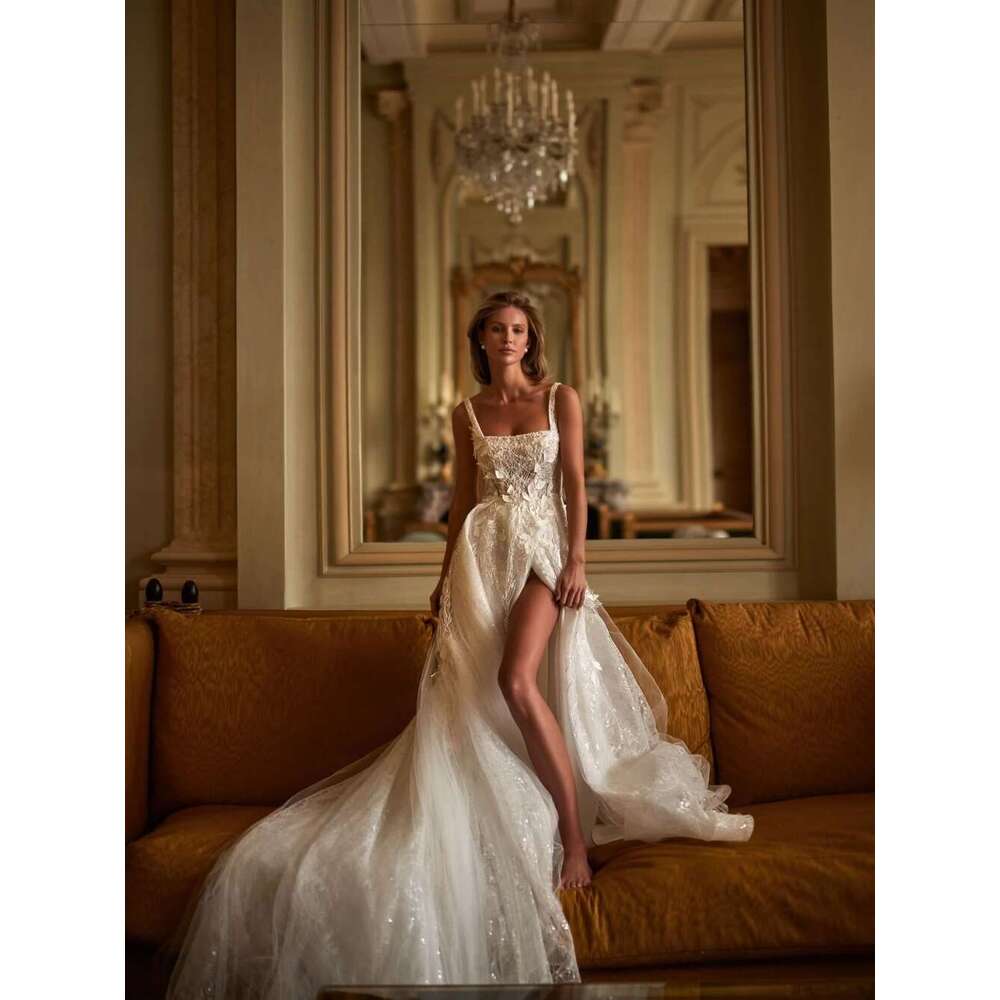 Sweet a ha pearls ral romantic zipper back modern side slit custom female bright square neck wedding dress