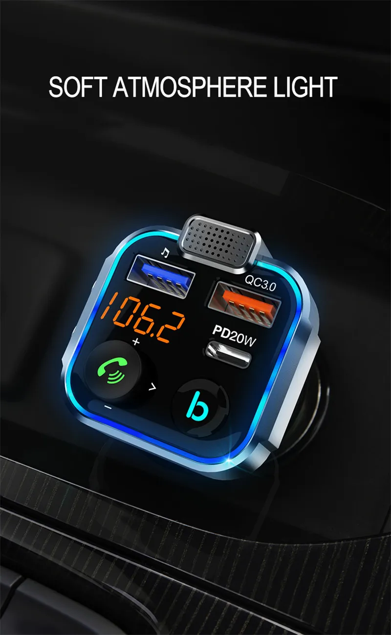 P5 Car Bluetooth 5.0 FM Transmitter One Key Bass Mp3 Player Large Microphone USB Music Play USB QC3.0 PD20W Quick Charger