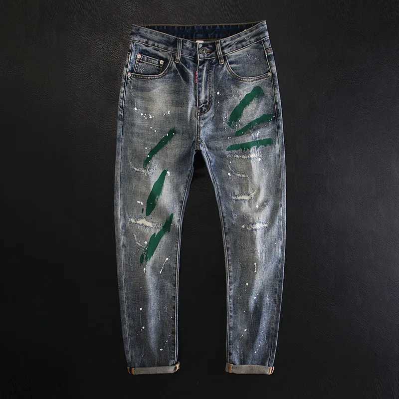 Spring and summer tear patches ink splatter graffiti painting points fashionable mens slim fit elastic high street personalized fashion pants X250220