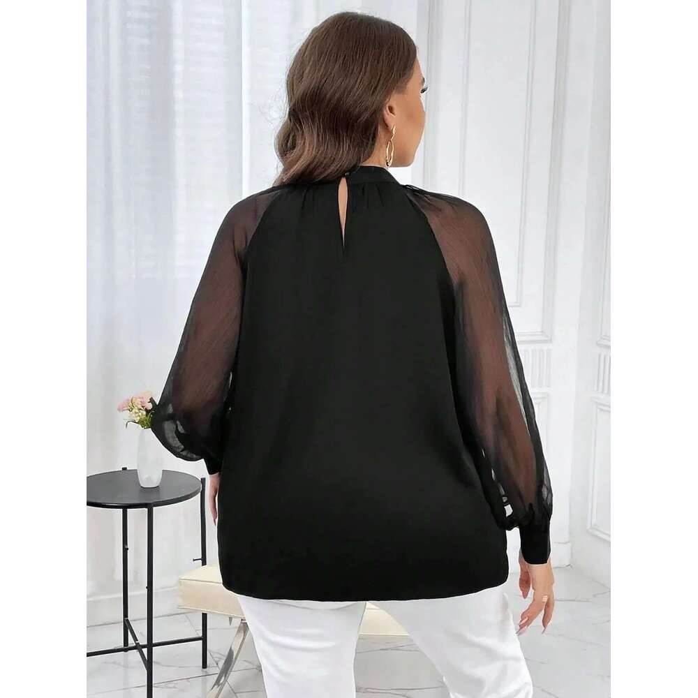 Plus Size 1Xl-5Xl Women's Elegant Solid Semi Sheer Mesh Raglan Sleeve Mock Neck Temperament Commuting Lantern Sleeved Blouse