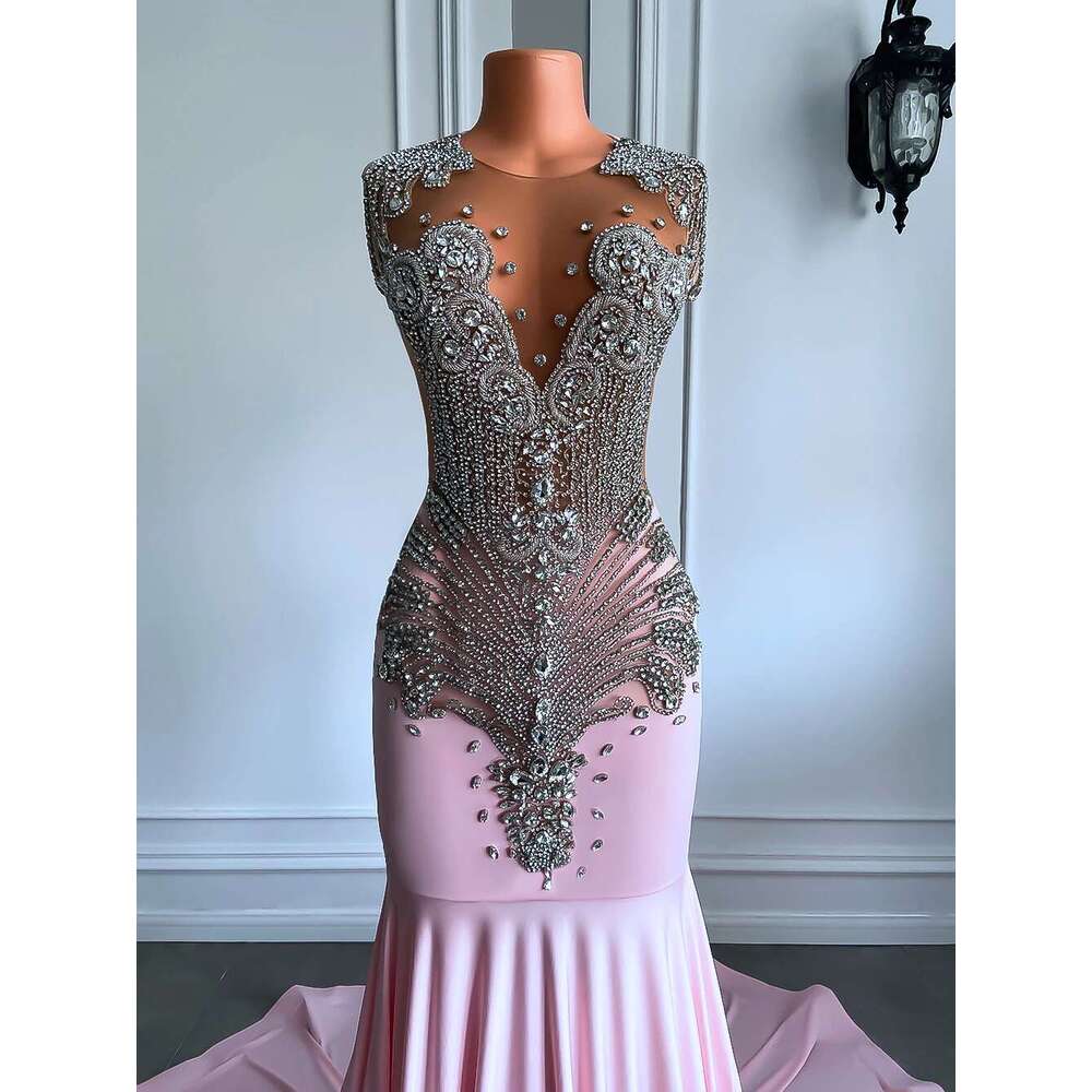 Long 2025 Mesh Transparent Top The Bright Silver Diamond Black Girls Pink Graduation Ball Gowns Formal prom Party Dresses