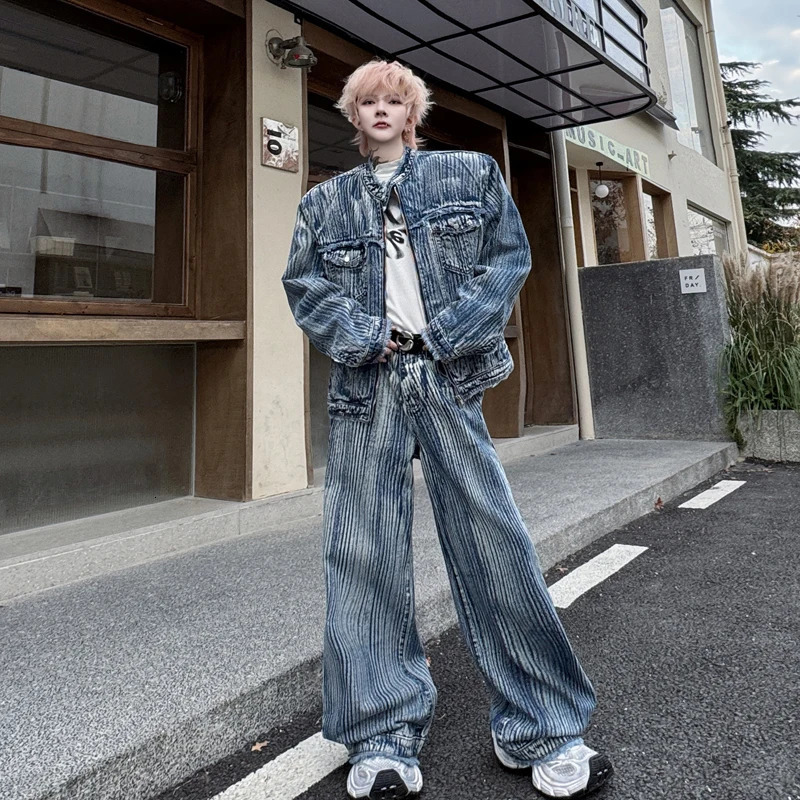 PFNW Two-piece Set Gradient Color Washed Tie-dye Stand Collar Striped Denim Jacket Wide Leg Pants Mens Loose Set 28W6028 250220
