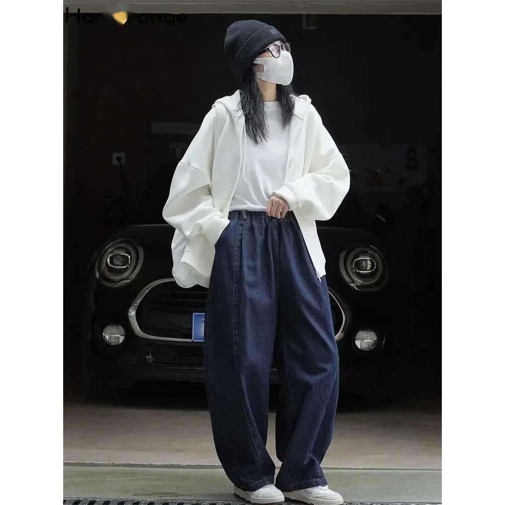 2025 Spring Curved High-Waist Wide Leg Jeans Women Loose Thin Casual Denim Pants Female Navy Blue