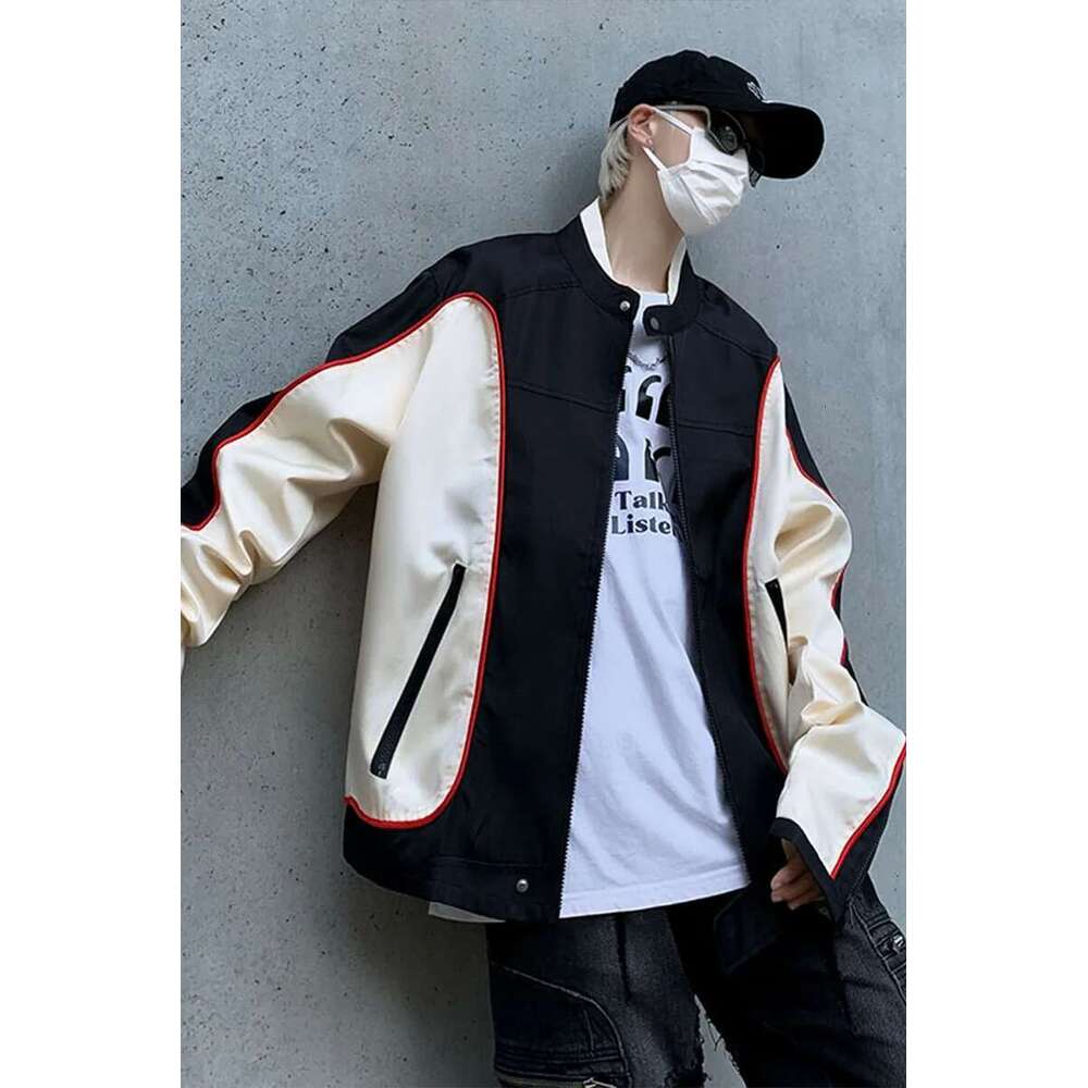 Retro American Motorcycle Jacket for Men, Zipper Closure Coat, Patchwork, for Document Subscribers, Baseball Uniform, for Couple, High Street Racing, 