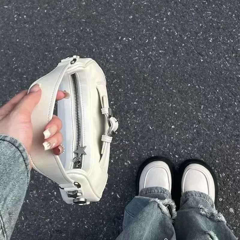 Retro Korean casual cute white star sole handbag womens sling bag leather zipper wallet handbag Y250321