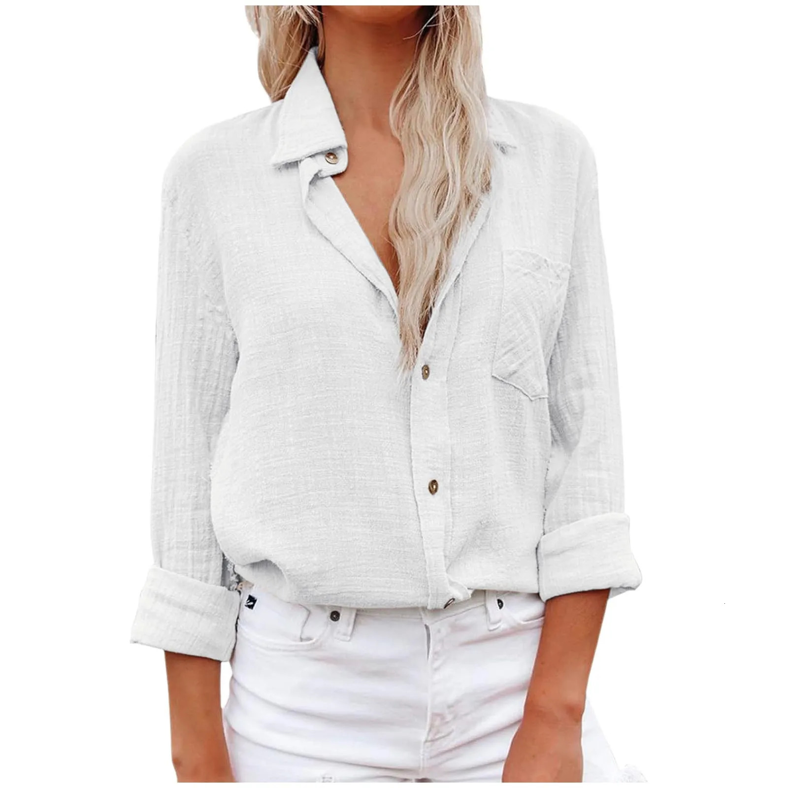 Womens Cotton Linen Tops Shirts Long Sleeve Blouses Office Lady Solid Casual Tunics Lapel SingleBreasted Shirt Blusas 250219