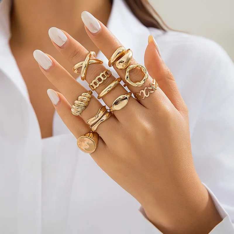 10Pcs/Set Trendy Gold Color Geetric Cuff Rings Set for Wen Fashion Metal Geetric Adjustable Finger Ring Jewelry 2024 New X250220