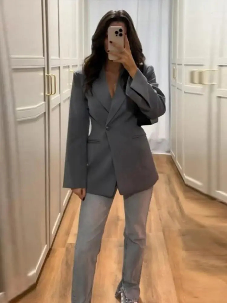Spring Elegant Solid Womens Blazers Lapel One Button Shoulder Pads Long Sleeve Jacket Slim Office Lady Commute Streetwear 250213