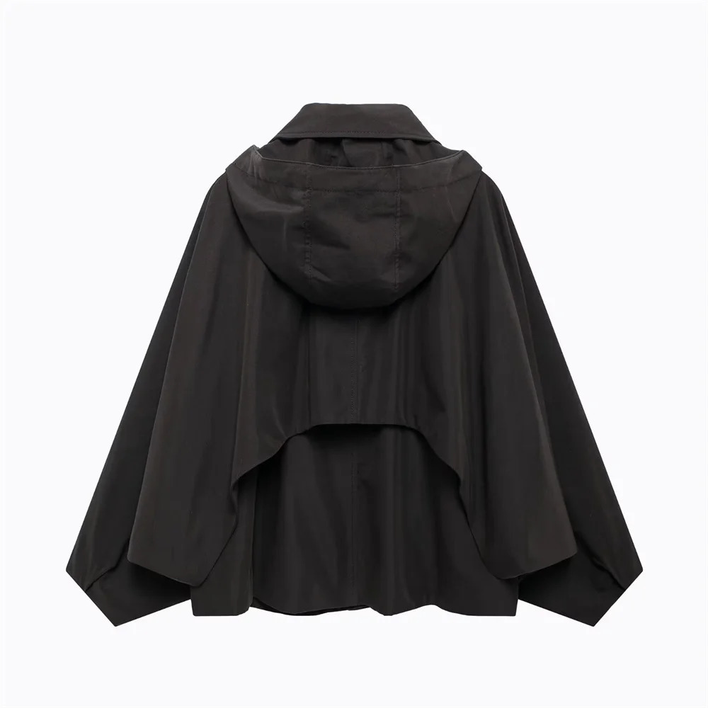 autumn womens casual slim fit long sleeved pocket button solid color hooded short windbreaker 250219