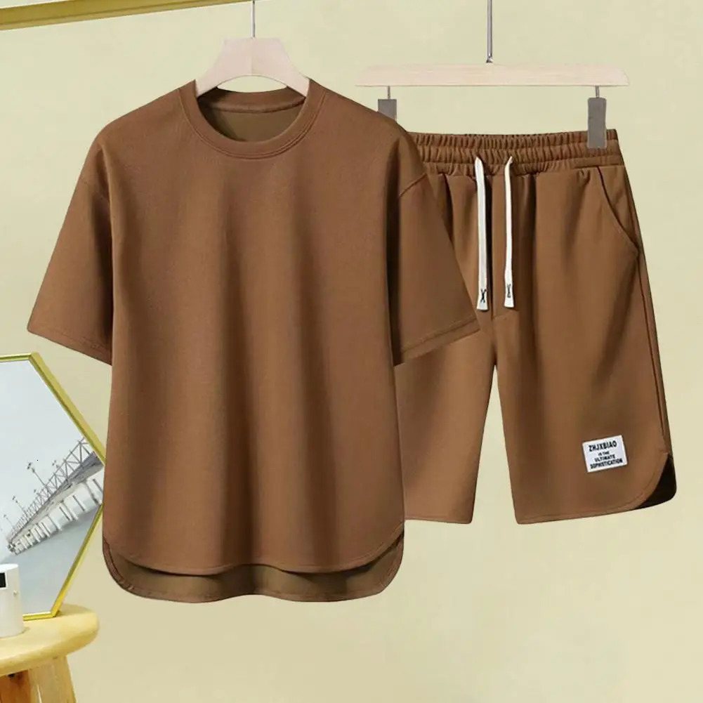 Mens Korean Fashion Waffle Two Piece Set Summer Short Sleeved Tshirt And Shorts Loose Sets Men Clothes Tracksuits 250220