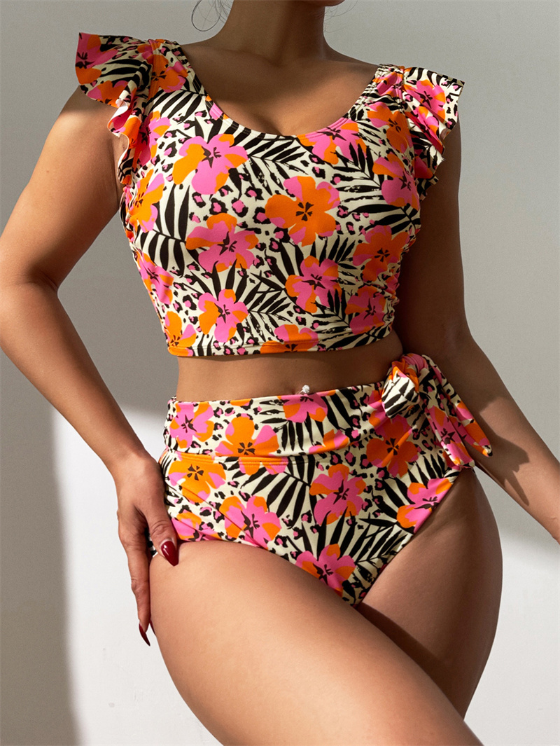 Women Ruffle High Waisted Swimsuit Two Piece Tropical Print Swimsuit Push Up Bathing Suit