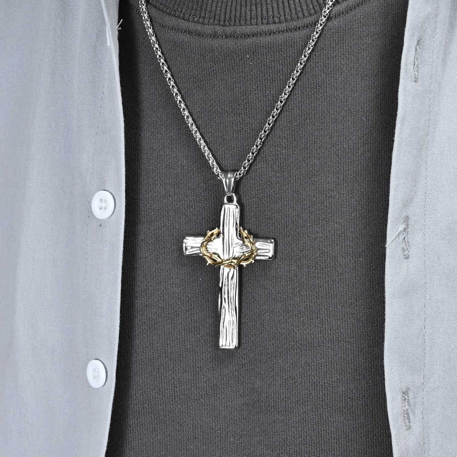 Men Jesus Christ Cross Necklace Stainl Steel Pendant Chain Crown of ThornsXJ250219