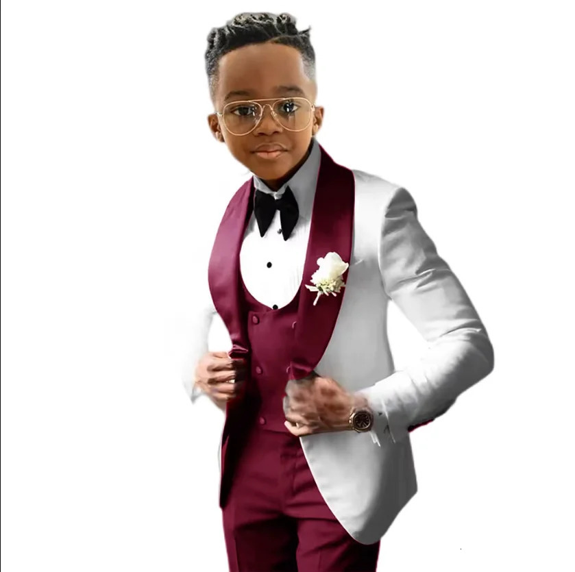 Boy Suits Shawl Lapel Vest Pant Costume 3 Pieces Child White Jacket Sets Flower Boys Formal Party Suit Kids Wedding Suit Tuxedo 250219