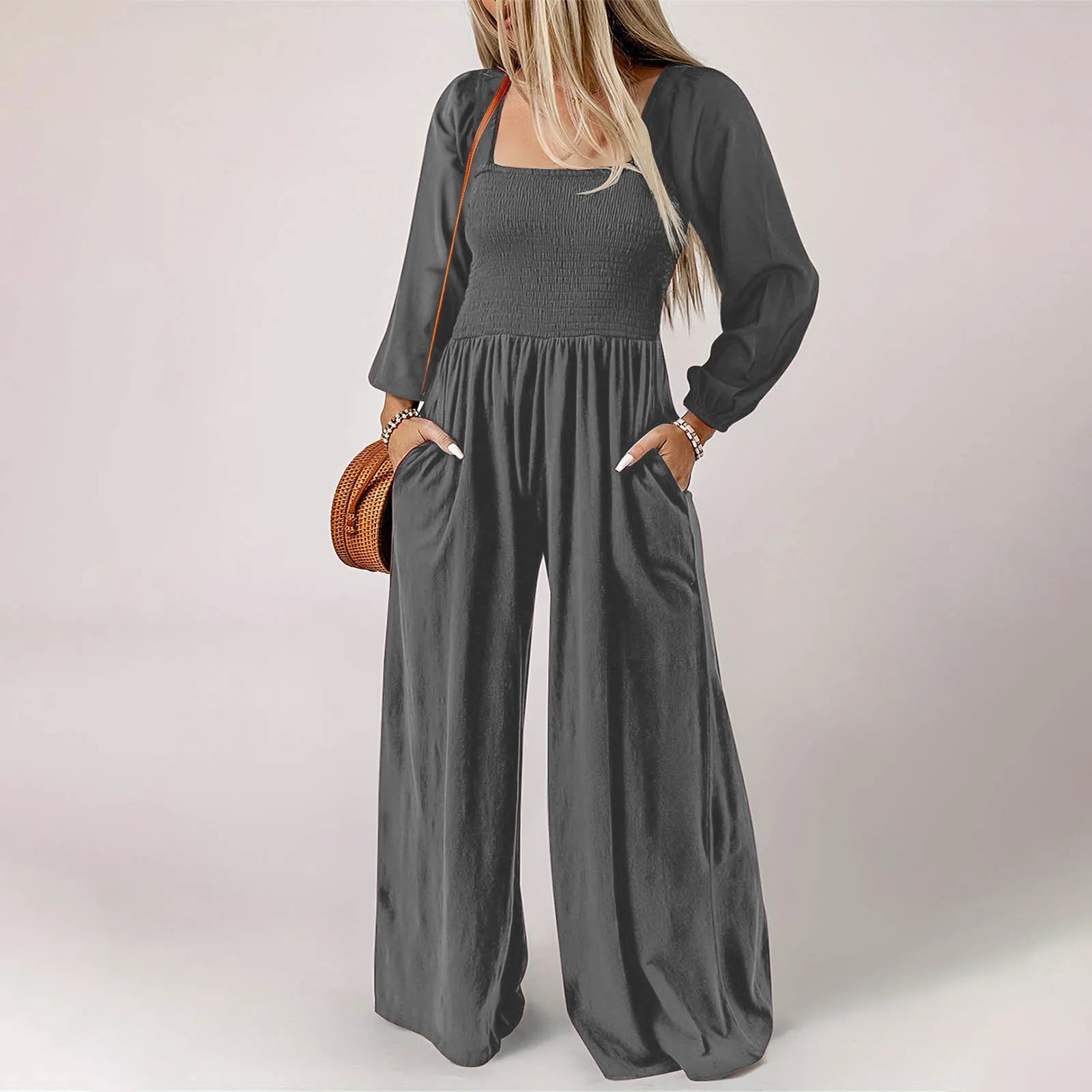 Womens plus size autumn long sleeved jumpsuit casual fashion tight fitting loose pleated wide womens elegant high-quality jumpsuit 250220