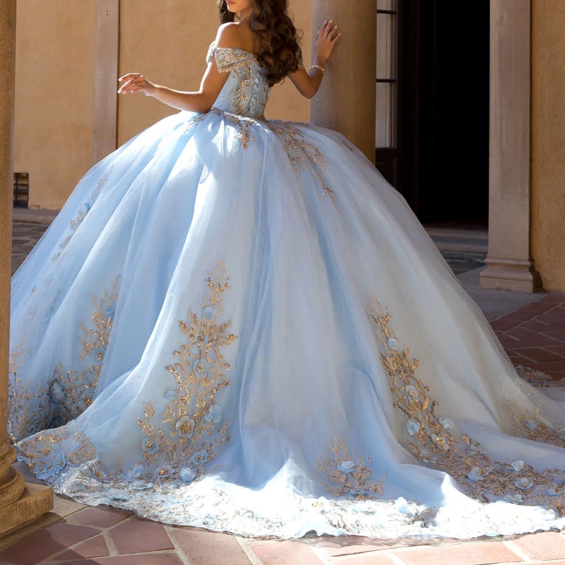 Sky Blue Shiny Quinceanera Dresses Ball Gown Off Shoulder Appliques Lace Beads Tull Sweet 16 Dress Vestidos 15 De Anos