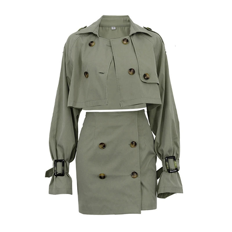 Loose green 2-piece womens set autumn elegant long sleeved button top high waisted mini ski suit 250220