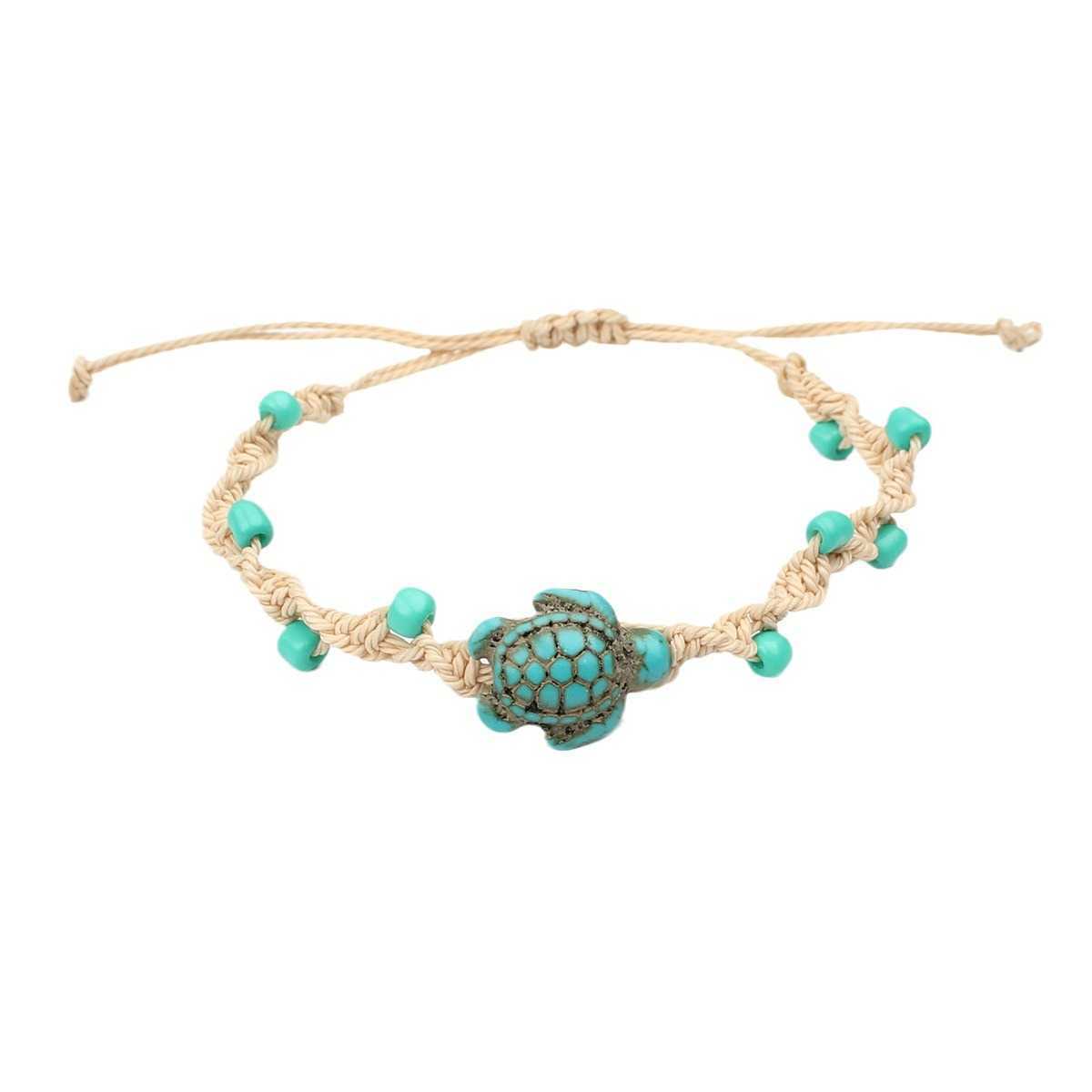 Charm Bracelets New beach vacation style turquoise turtle handmade bracelet now with adjustable hand rope for couples H25220