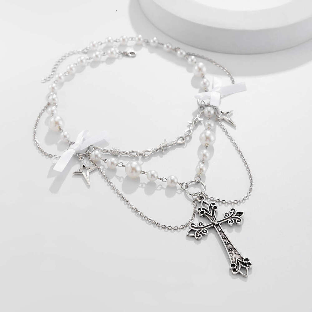 Jewelry Cross Metallic Bow Necklace Small Fresh Alloy Imitation Pearl Clavicle Chain