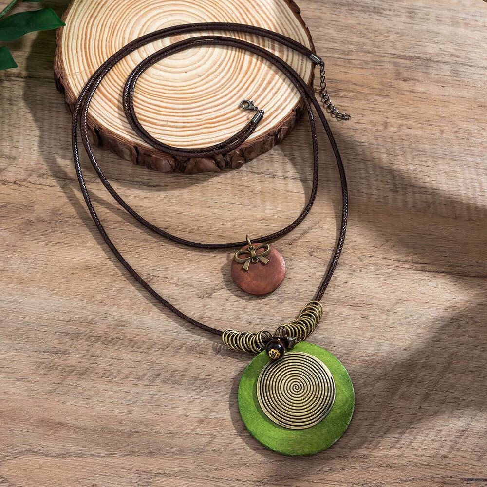 Round wood piece necklace, versatile for women, ethnic style, long beaded wax thread sweater chain, couple accessories