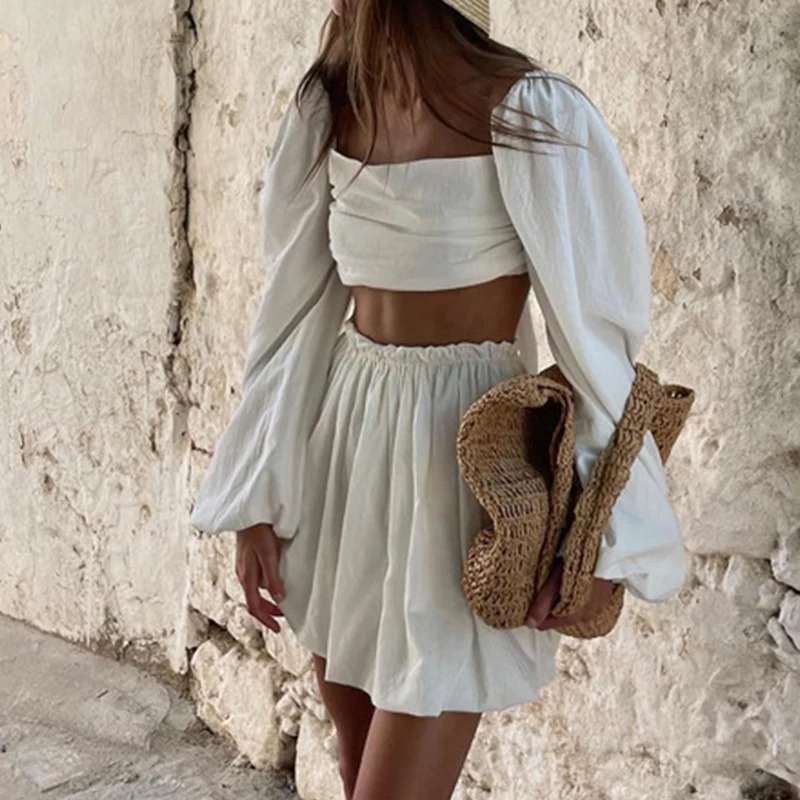 Summer Elastic High Waist Mini Skirt Suit Ladies Sexy Ruffle Slim Beach Outfits All Match Lantern Sleeve Holiday Set 2Pcs 250220