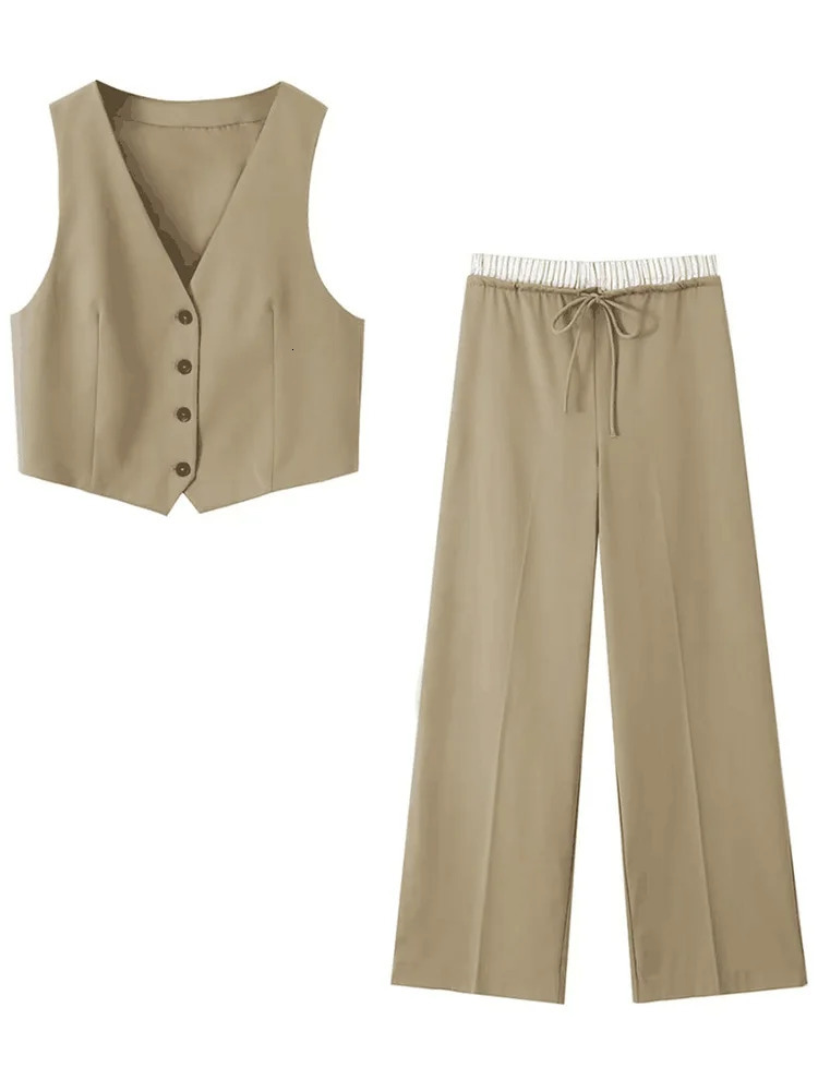 Willshela Women Fashion Two Piece Set Khaki Tank Tops Straight Leg Pants Vintage V-Neck Single Breasted Female Chic Pants Suit 250219