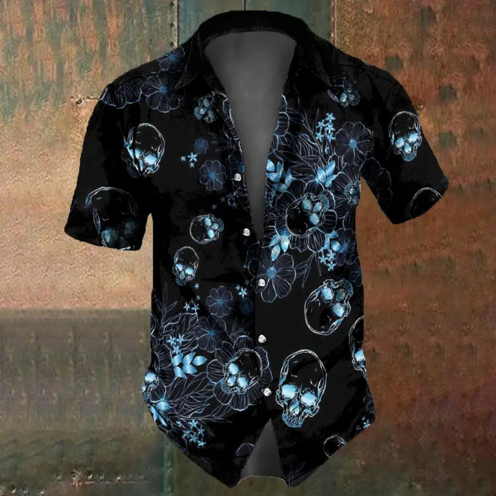 Retro Flower Skull Print Mens Shirt Summer Fashion Street Hip Hop Trendy Tops Shirts Oversized TShirts 250220