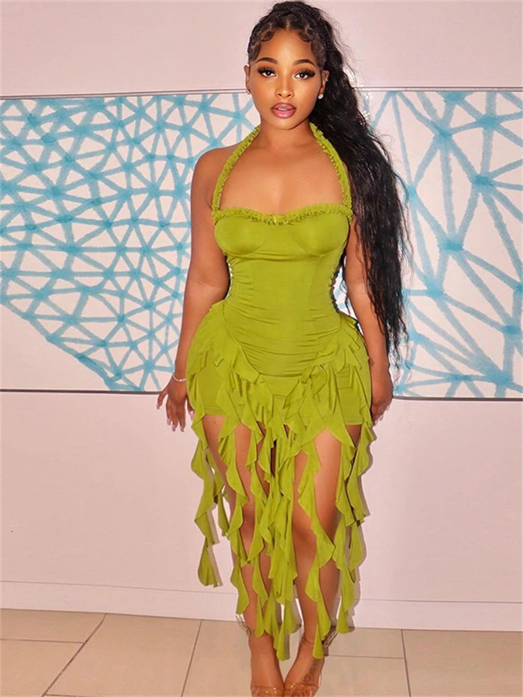 Ladies Autumn Ruffle Fashion Evening Birthday Party Dress Women Sleeveless Backless Halter Mini Dresses Clubwear Fall Outfit 250219