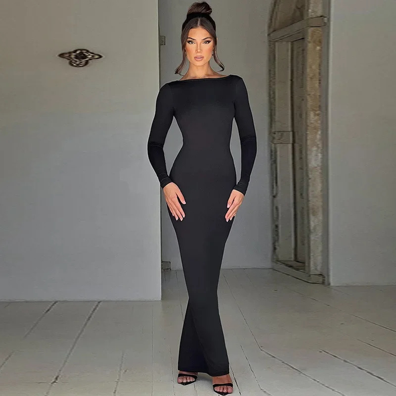 Autumn Winter Sexy Backless Bodycon Ruched Evening Party Maxi Long Dress Outfit for Women Long Sleeve Black Club Dresses Vestido 250219