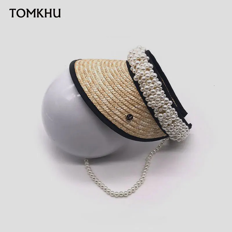 100% Handmade Customize Pearl Empty Top Visor Women Spring Summer Straw Sun Hats Beach Caps for Female High Quality 250219
