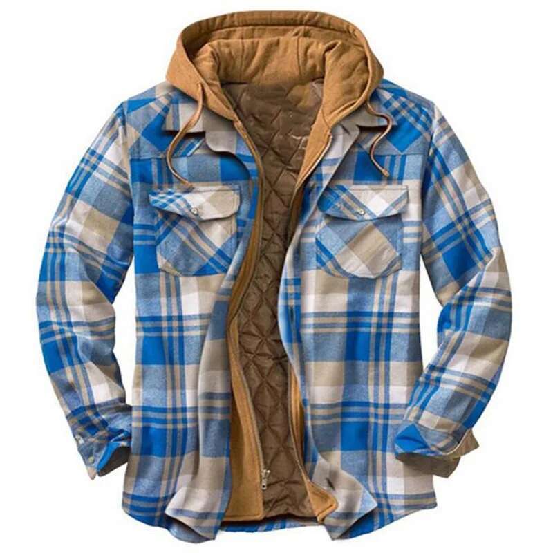 Men's Padded Double Hooded Shirt Jacket, Long Sleeve Checked Buttoned Jackets, Optical Combination, Autumn & Winter