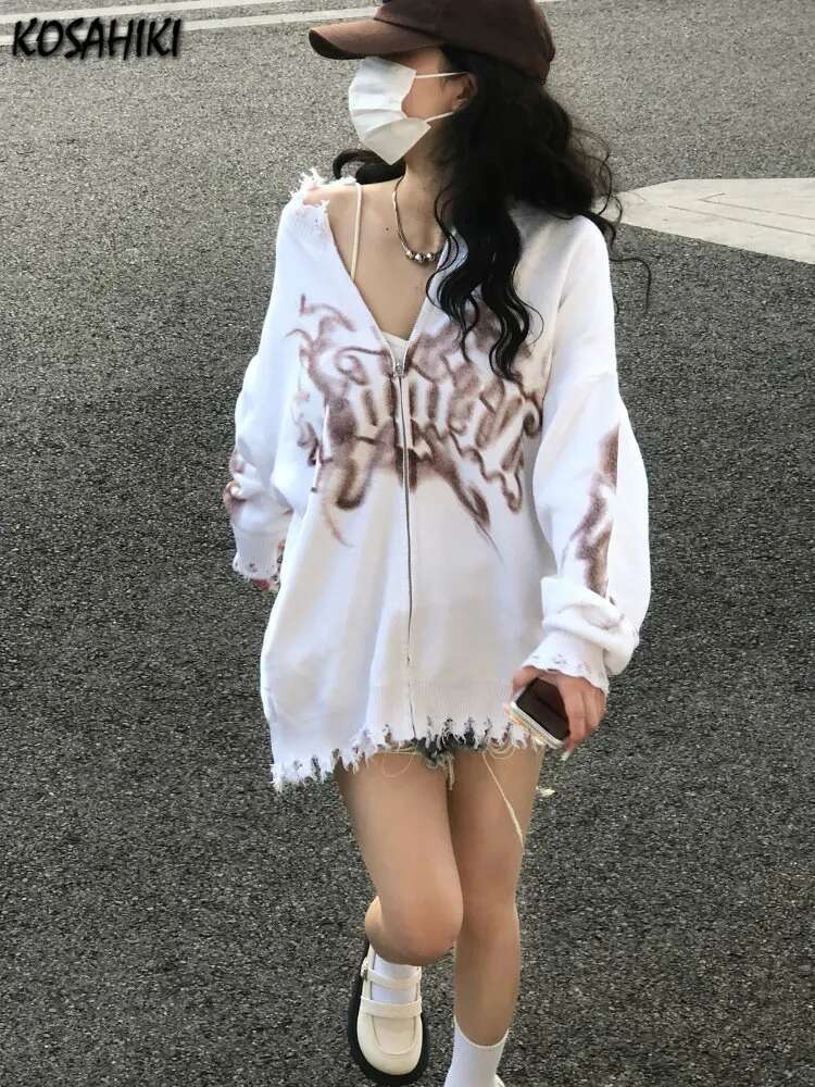 KOSAHIKI Y2k Cardigan Women Ripped Oversized Jumper Vintage Tie Dye Letter Knitted Zipper Sweater Jackets Haruku Streetwear